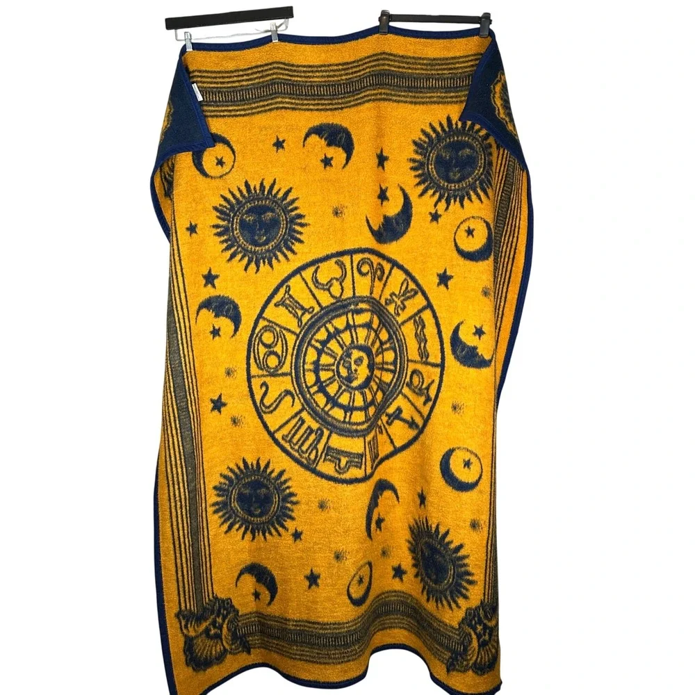 Vintage Biederlack Celestial Zodiac Sun Moon Stars Throw Blanket Blue Gold USA